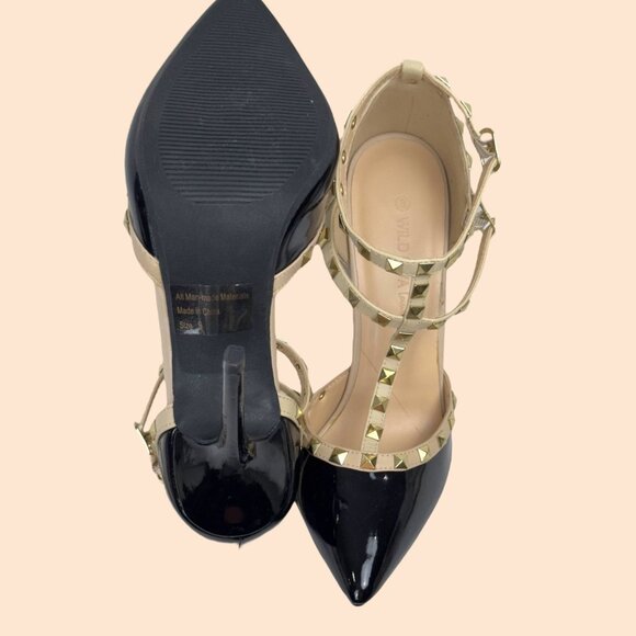 Wild Diva Lounge 64 Sexy Stud Patent Leather Stiletto Black Beige Heels Size 9 - Picture 4 of 16